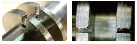 如图2所示零件是由两种不同材料焊接而成,其中中间两段有1.5 mm×3 mm和1.5 mm×3.5 mm的走线槽,φ 1.5 mm通孔走线孔,走线孔和走线槽的加工只能在分段单件粗加工之后进行,由于零件精车过程中毛刺翻到走线槽和孔内,长期以来走线槽和孔毛刺的去除都是由钳工手工用什锦锉刀倒角完成,由于中间两段之间的距离只有5 mm(见图2),施展锉刀空间狭小,导致在修锉去毛刺过程中把零件划伤(见图3、图4)。 如图2所示零件是由两种不同材料焊接而成,其中中间两段有1.5 mm×3 mm和1.5 mm×3.5 mm的走线槽,φ 1.5 mm通孔走线孔,走线孔和走线槽的加工只能在分段单件粗加工之后进行,由于零件精车过程中毛刺翻到走线槽和孔内,长期以来走线槽和孔毛刺的去除都是由钳工手工用什锦锉刀倒角完成,由于中间两段之间的距离只有5 mm(见图2),施展锉刀空间狭小,导致在修锉去毛刺过程中把零件划伤(见图3、图4)。
