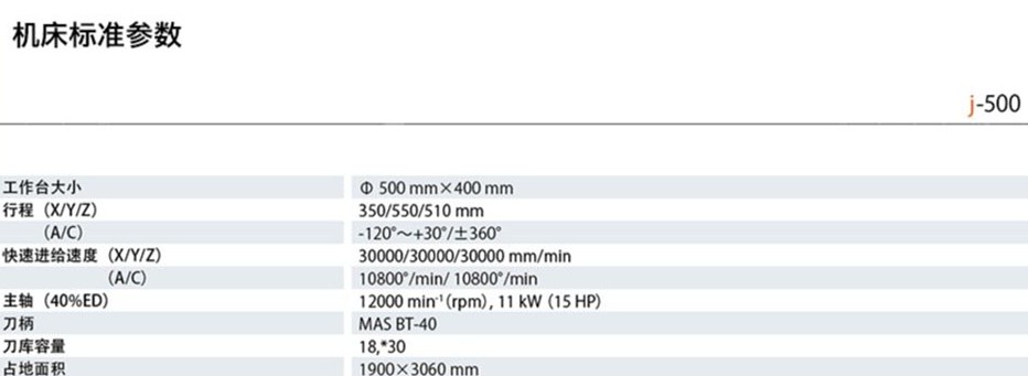 日本马扎克5轴加工机J500参数